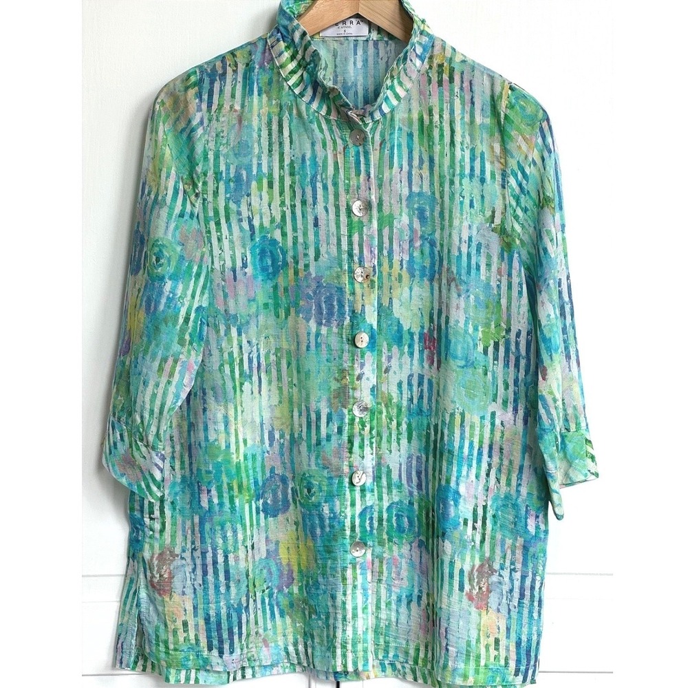 Terra SJ Watercolor Stripe Ruffle Collar Button Up Green Art to wear tunic - Picture 2 of 12